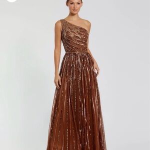One-Shoulder Copper Sequin Evening Gown